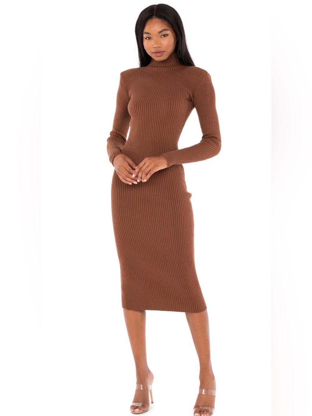 ASTR the Label Abilene Ribbed Turtleneck Bodycon Midi Dress Brown XS
